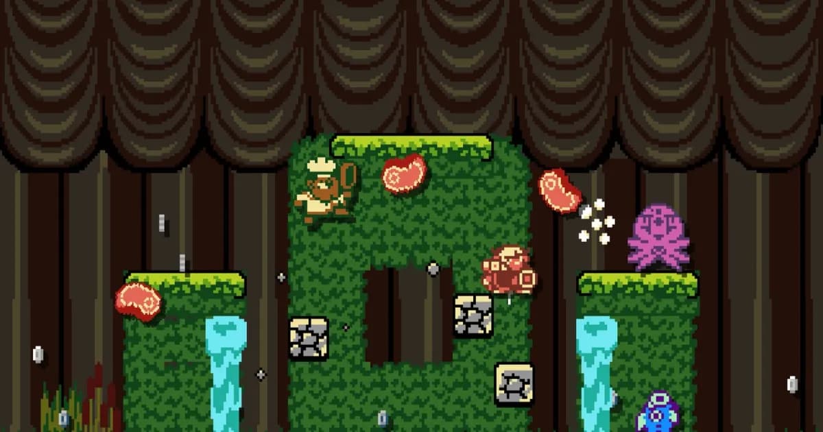 Karakter koki melempar steak ke musuh dalam game platformer pixelated Dark Scrolls