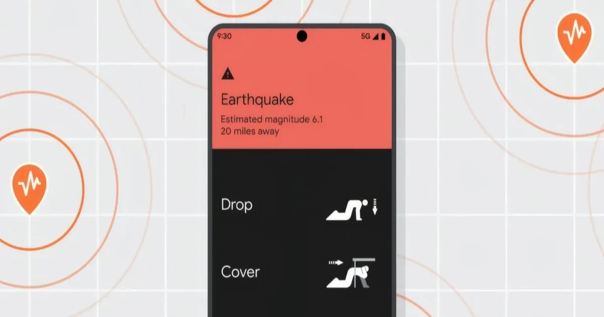 Layar ponsel Android menampilkan peringatan darurat gempa bumi dengan instruksi drop, cover, dan hold on.