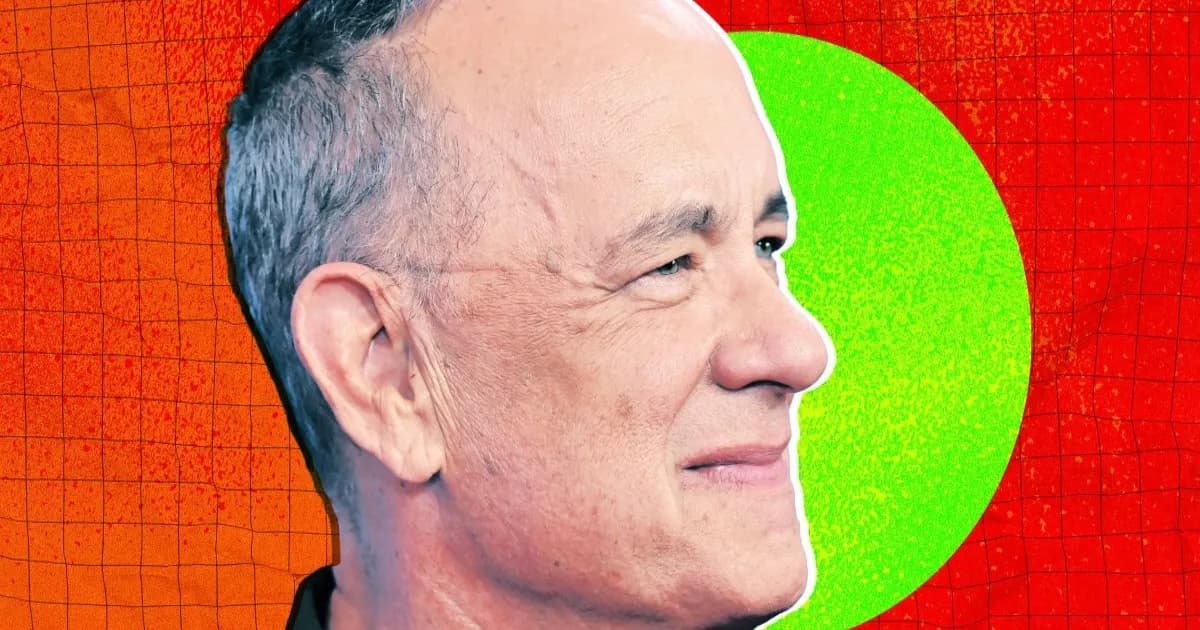 Ilustrasi Tom Hanks dengan karakter Woody dari Toy Story dalam konsep futuristik AI