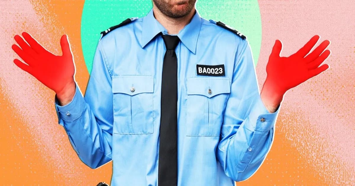 Ilustrasi polisi dengan tangan terakhir diwarnai merah, simbol kontroversi penggunaan AI oleh kepolisian