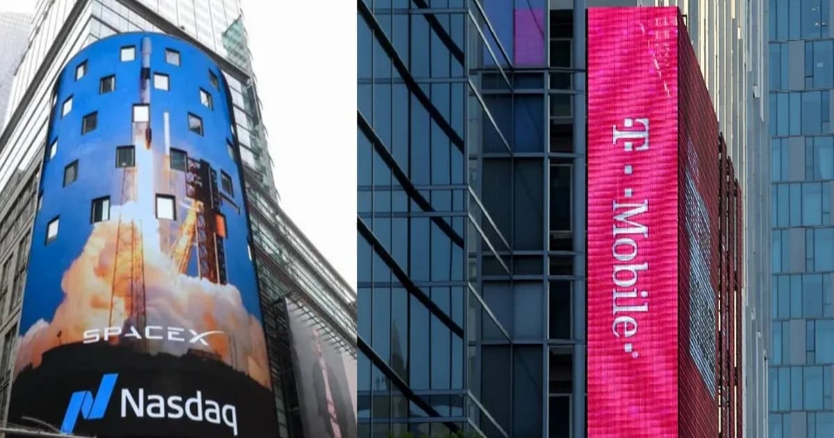 Ilustrasi logo SpaceX dan T-Mobile dengan latar belakang peta jaringan seluler AS
