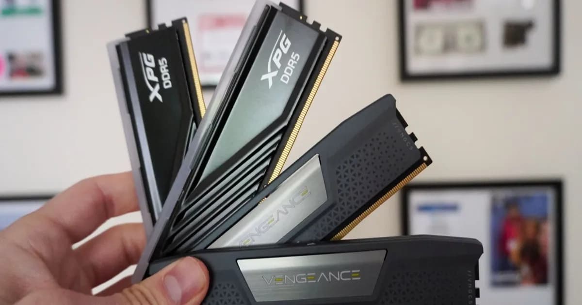 Ilustrasi chip memori RAM dengan logo Samsung, SK Hynix, dan Micron di latar belakang