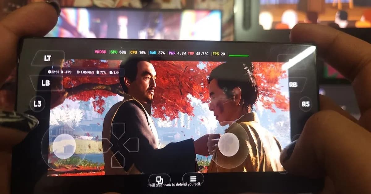 Red Magic 11S Pro memainkan game Ghost of Tsushima dengan overlay GameHub