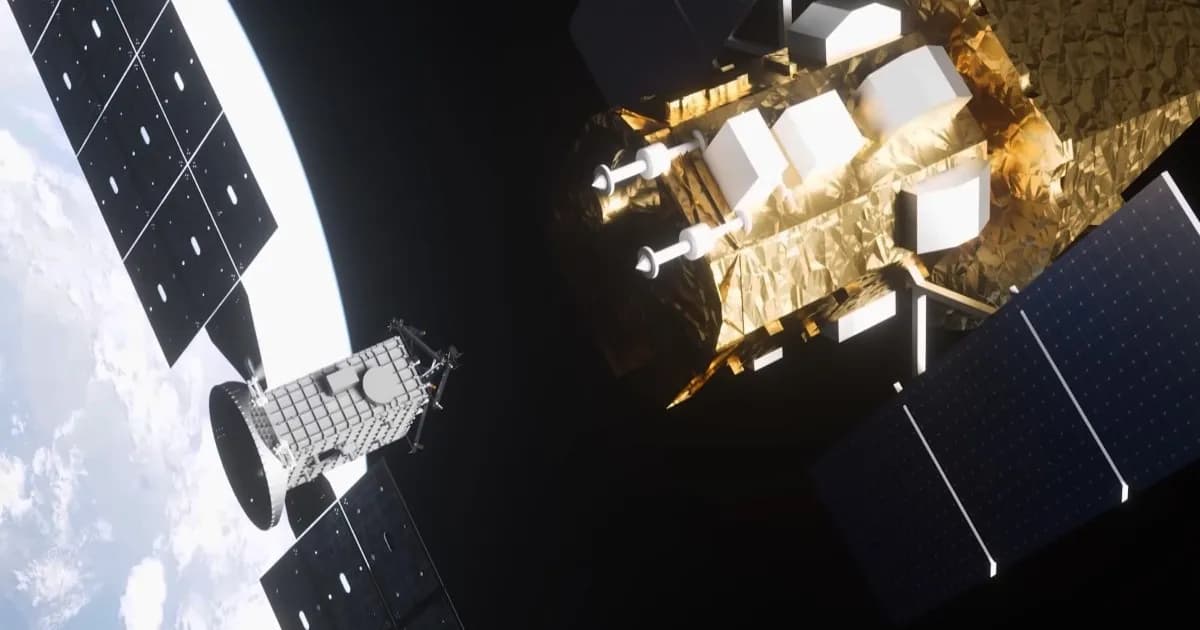 Ilustrasi wahana robotik Link mendekati observatorium Swift untuk misi penyelamatan NASA