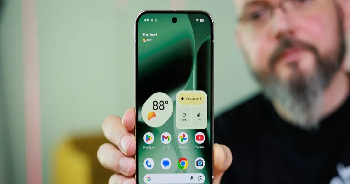 Pixel 10 Pro menampilkan layar utama Android dengan widget Google Translate.