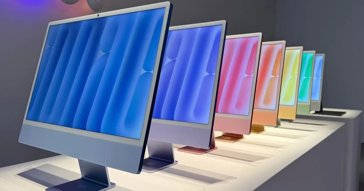 Ilustrasi iMac dengan layar OLED yang menampilkan warna-warna cerah dan akurat