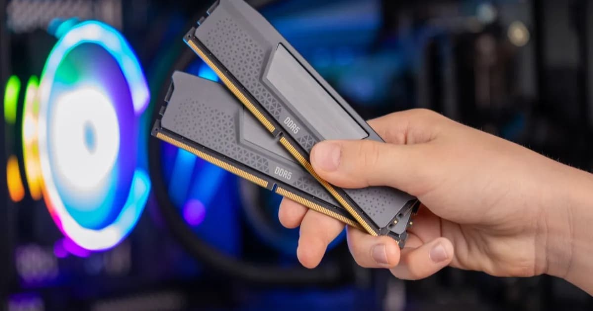 Ilustrasi dua modul memori RAM DDR5 dengan pencahayaan RGB di dalam casing PC gaming