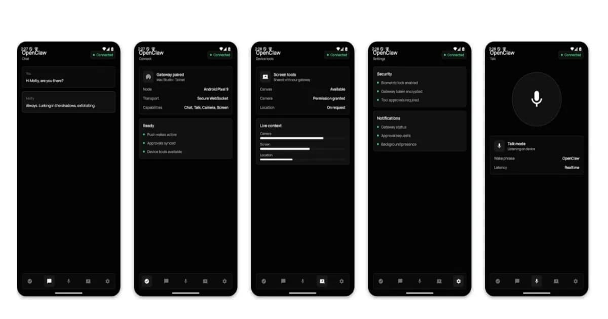 Ilustrasi lima layar smartphone yang menampilkan aplikasi OpenClaw sedang digunakan