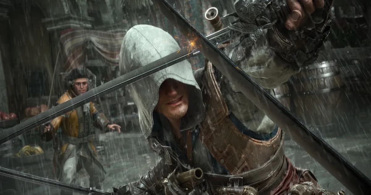 Key art dari Assassin’s Creed Black Flag Resynced menampilkan Edward Kenway dengan dua pistol
