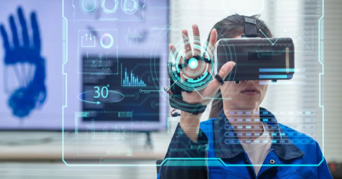 Ilustrasi seorang pekerja wanita menggunakan headset VR di kantor dengan layar futuristik di depannya