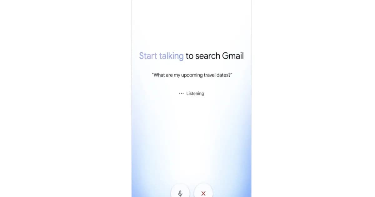 Tampilan fitur Gmail Live AI yang berjalan di smartphone dengan antarmuka pencarian suara