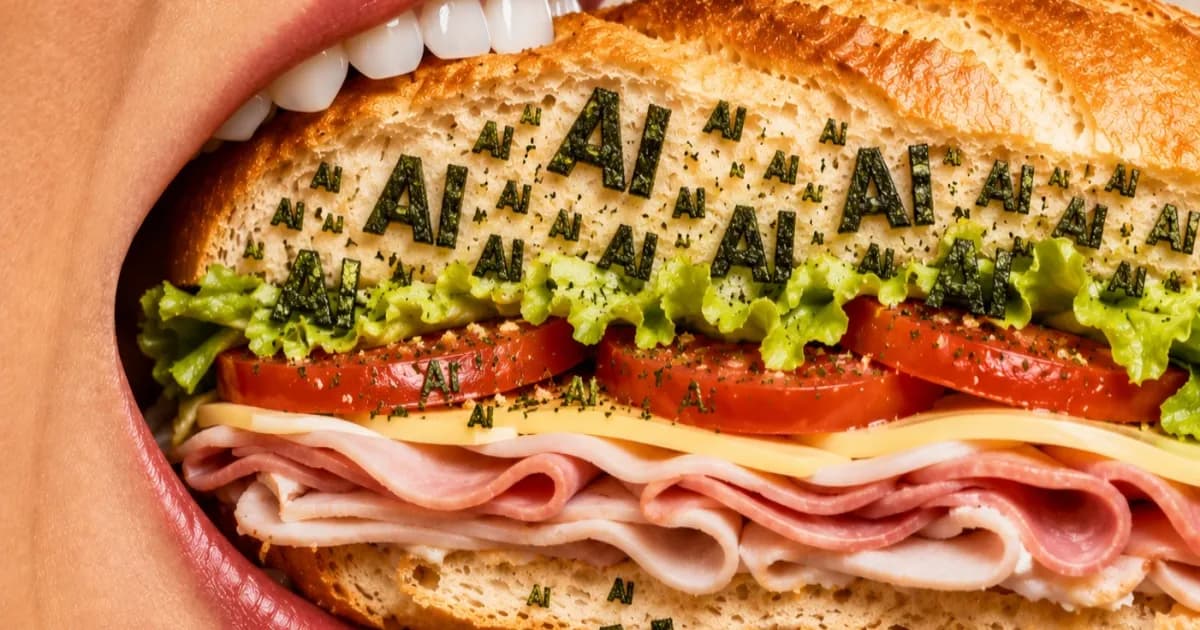 Ilustrasi dokumen IPO Jersey Mike's dengan latar sandwich dan ikon AI