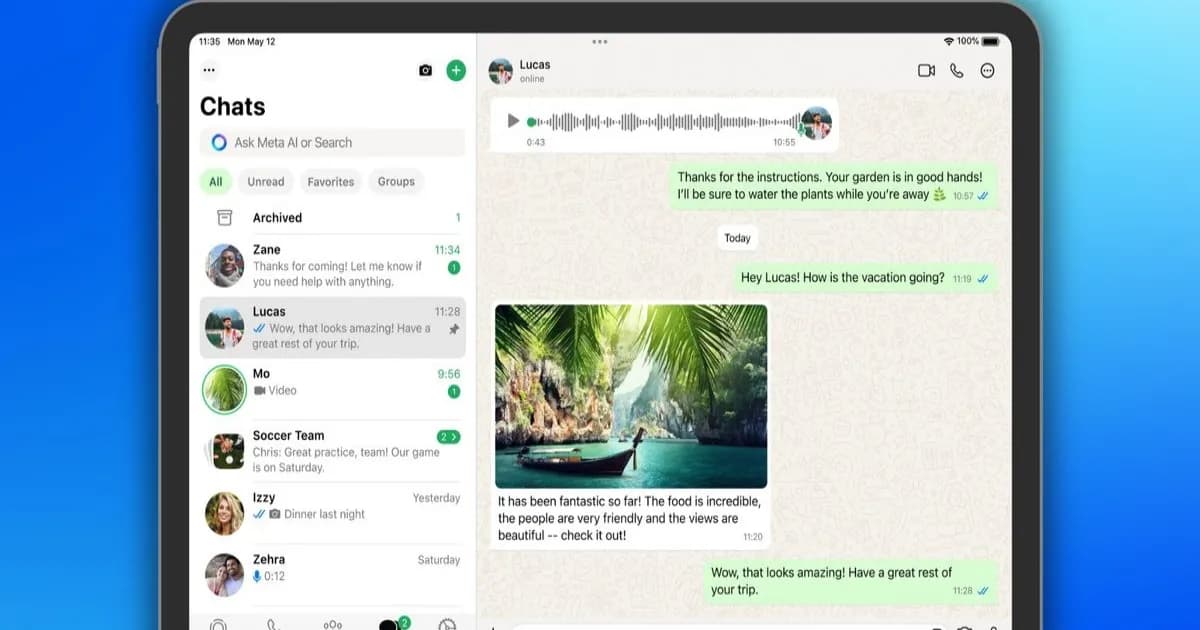 Ilustrasi antarmuka WhatsApp di iPad yang kini bisa berfungsi sebagai perangkat utama tanpa perlu iPhone