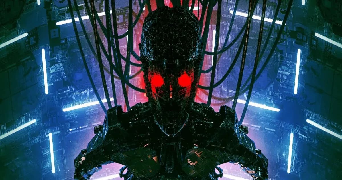 Ilustrasi robot dengan mata merah menakutkan yang terhubung dengan kabel dan selang