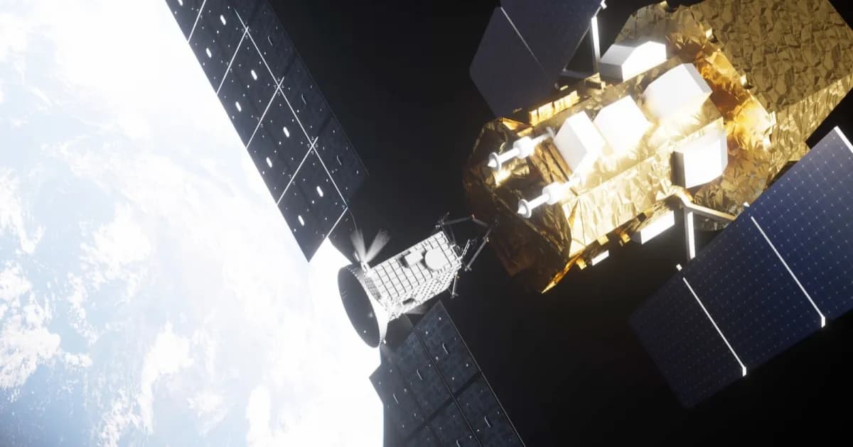 Rendering komputer misi Swift Boost menunjukkan robot LINK mendock dengan observatorium Swift di luar angkasa