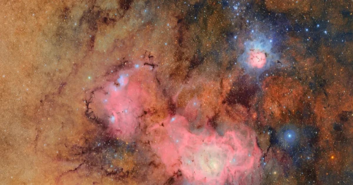 Gambar komposit Trifid Nebula dan Lagoon Nebula dari Vera C. Rubin Observatory