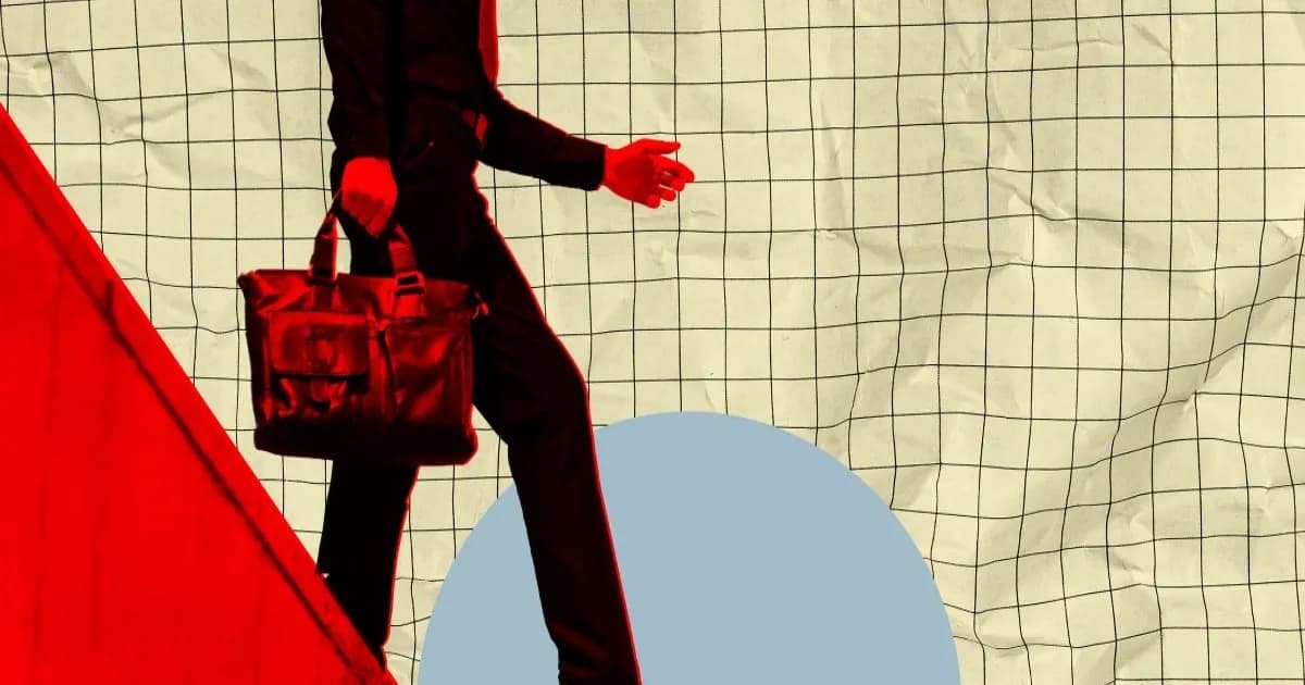 Ilustrasi pria melangkah maju dari tepi platform, tidak sadar akan jatuh, menggambarkan risiko investasi AI
