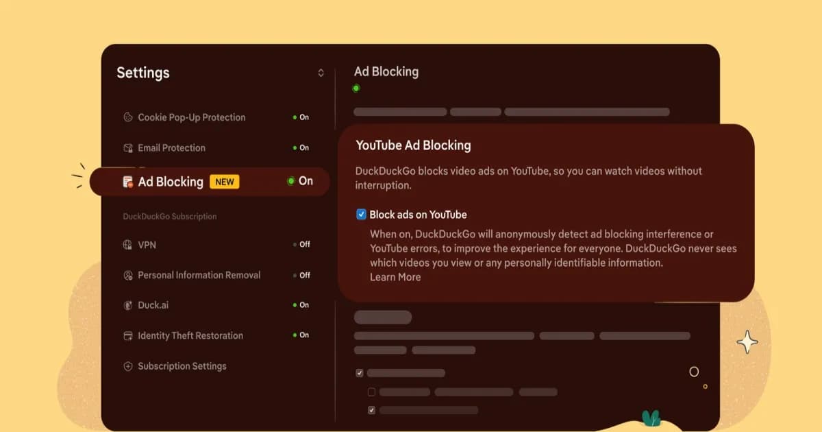 Ilustrasi fitur pemblokiran iklan YouTube di browser DuckDuckGo