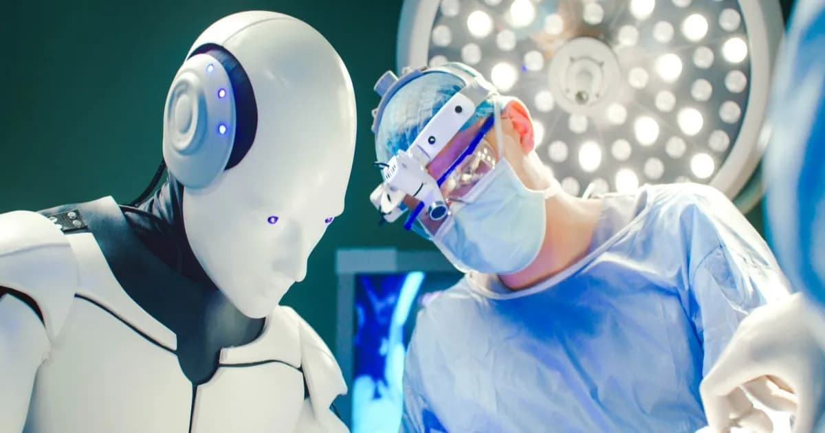 Ilustrasi robot humanoid membantu operasi bedah di rumah sakit modern