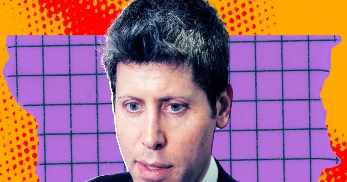 Ilustrasi berwarna OpenAI CEO Sam Altman dengan latar belakang abstrak
