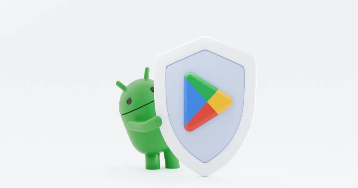Ilustrasi robot Android memegang perisai dan ikon Play Store dengan latar belakang gelap