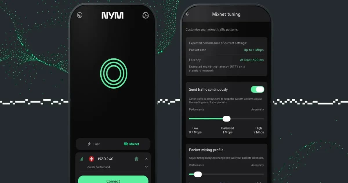 Tampilan antarmuka aplikasi NymVPN di perangkat mobile