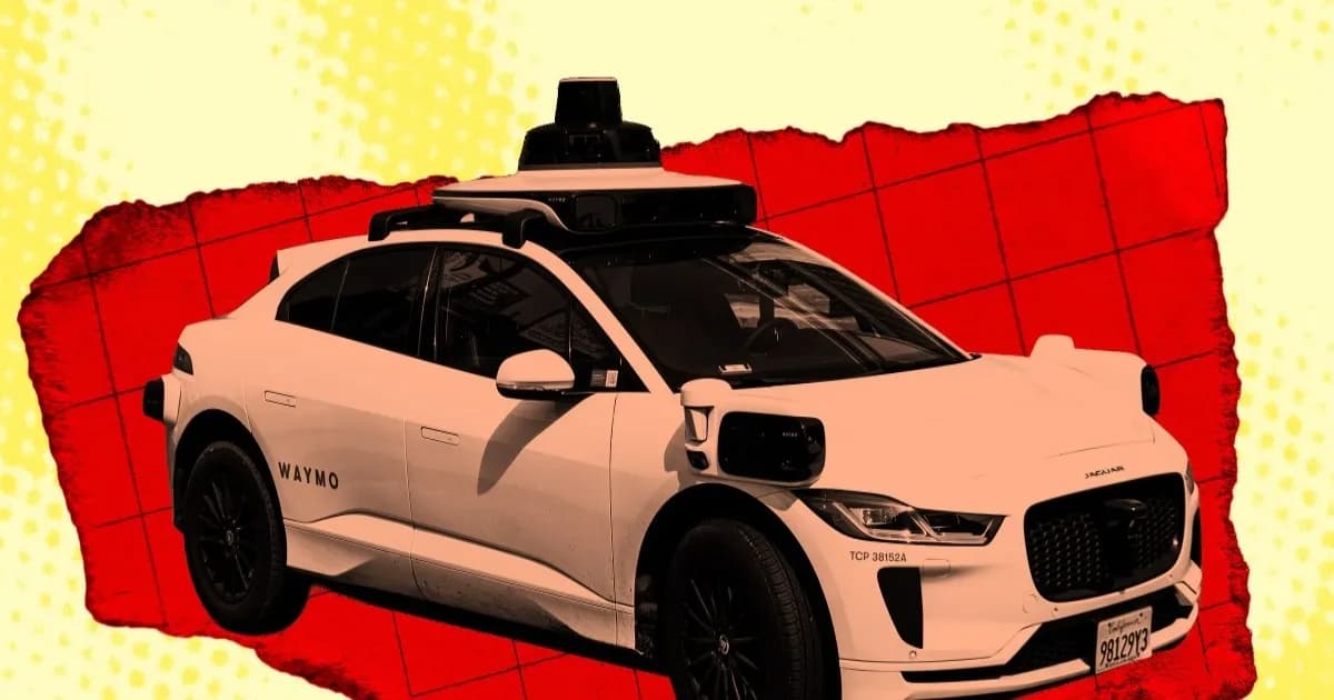 Ilustrasi foto berwarna yang menampilkan mobil Waymo dengan latar belakang perkotaan.