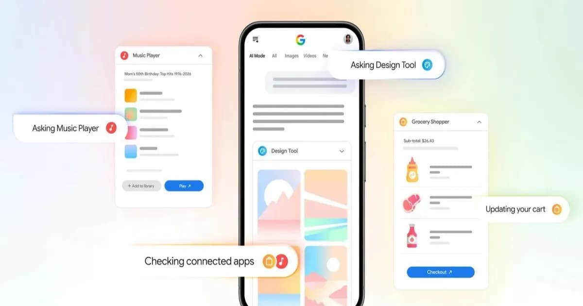 Ilustrasi antarmuka AI Mode Google Search yang terhubung dengan aplikasi Canva