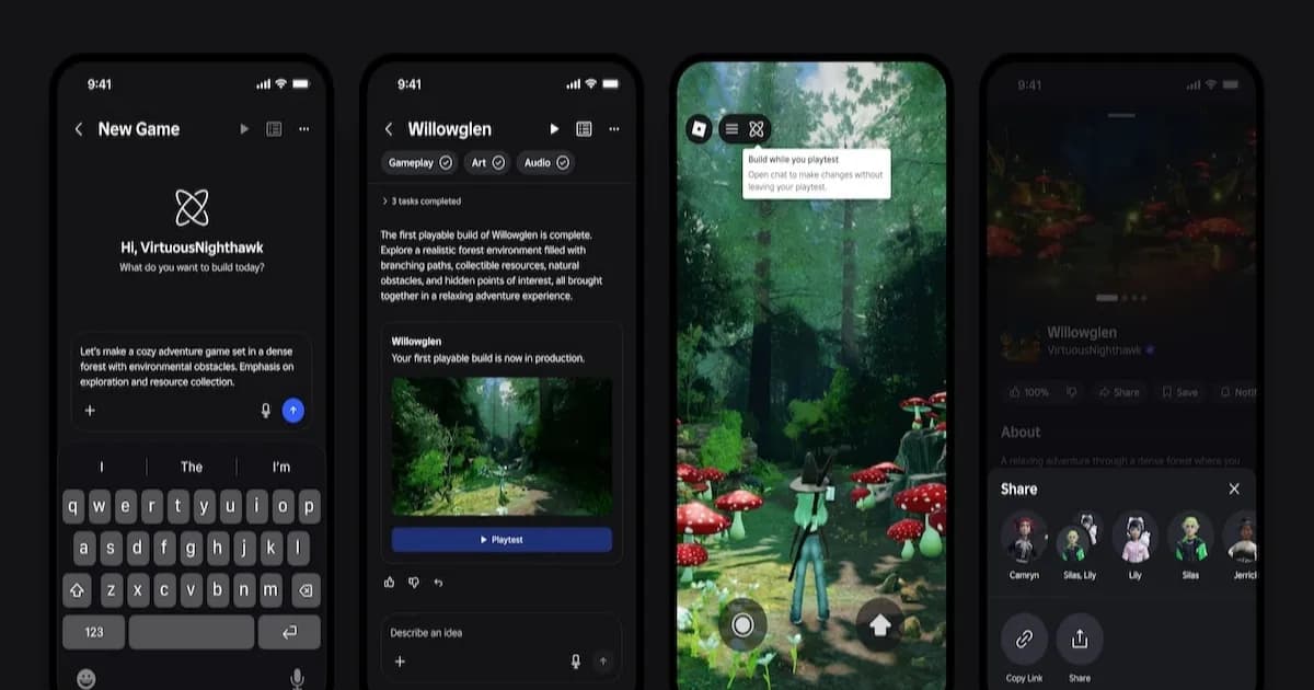 Tampilan fitur Build Roblox yang memungkinkan pengguna membuat game dari perangkat seluler dengan bantuan kecerdasan buatan