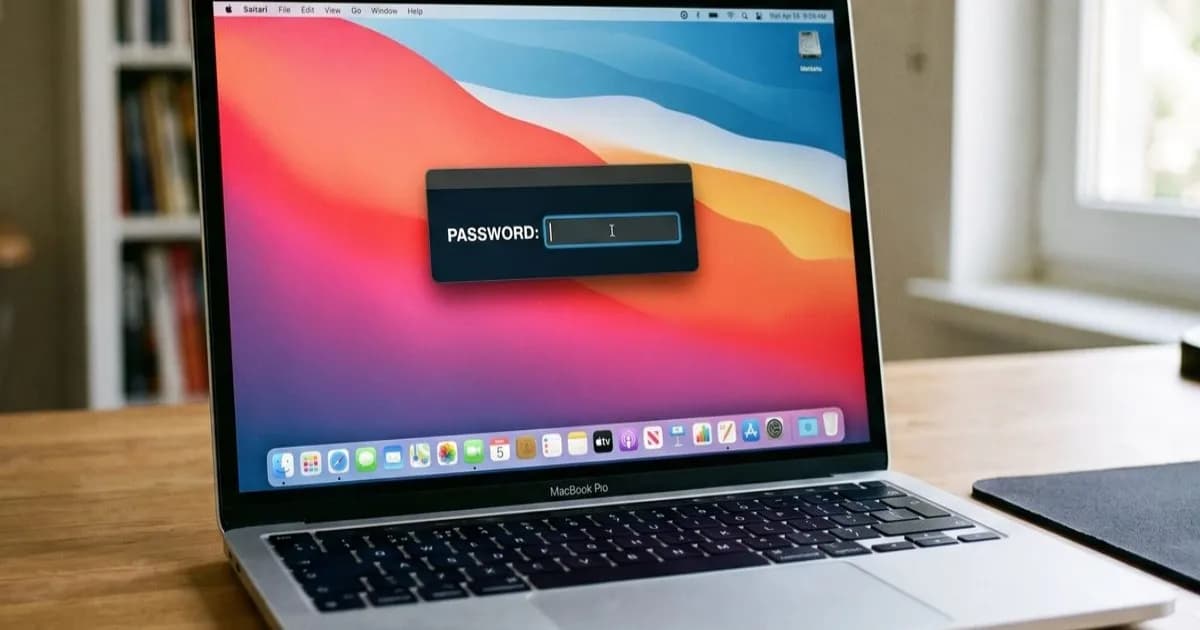 Ilustrasi serangan malware ClickLock pada layar Mac yang menampilkan prompt password palsu