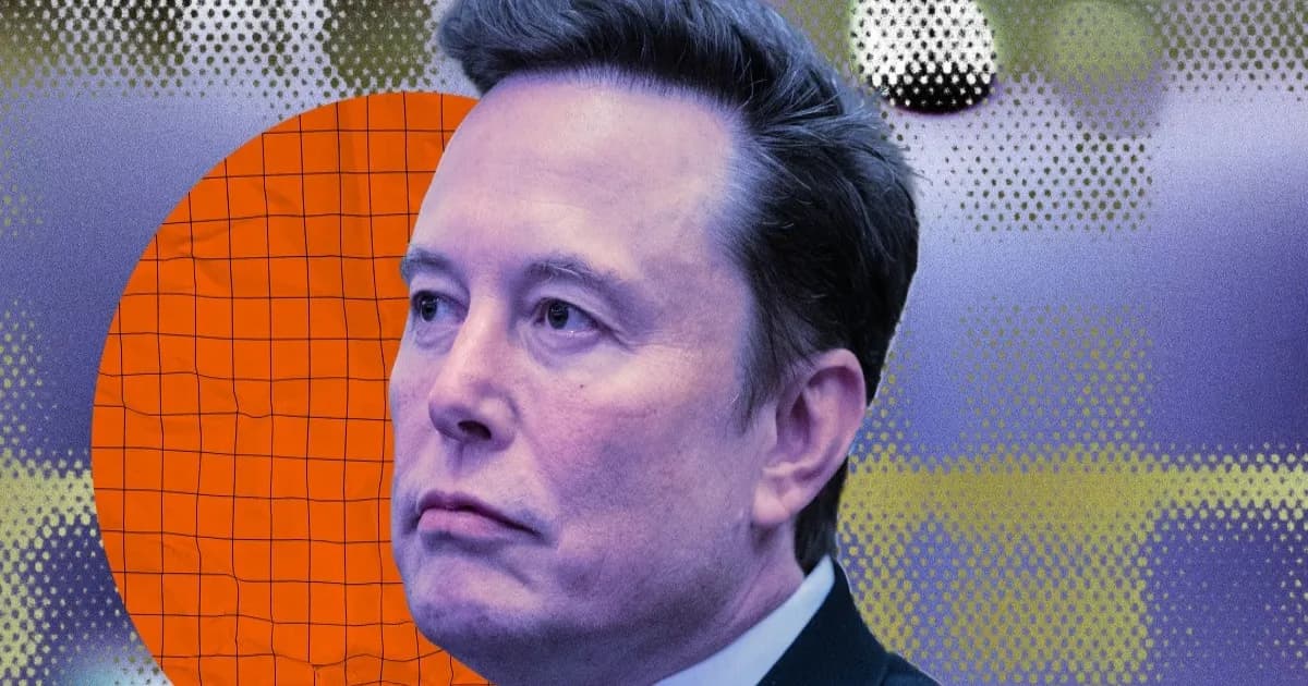 Ilustrasi Elon Musk dengan latar belakang biru dan teks "Grok" serta "xAI" di atasnya
