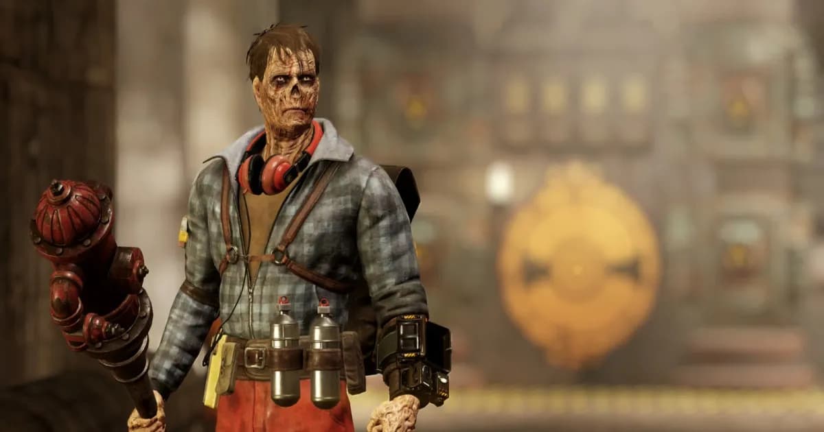 Seorang figur mirip ghoul memegang tongkat dengan alat pemadam kebakaran di salah satu ujungnya, dengan latar belakang vault Fallout.
