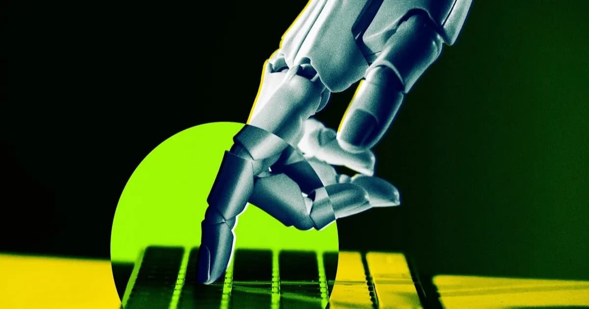 Ilustrasi tangan robot menyentuh keyboard komputer dengan latar belakang abstrak biru