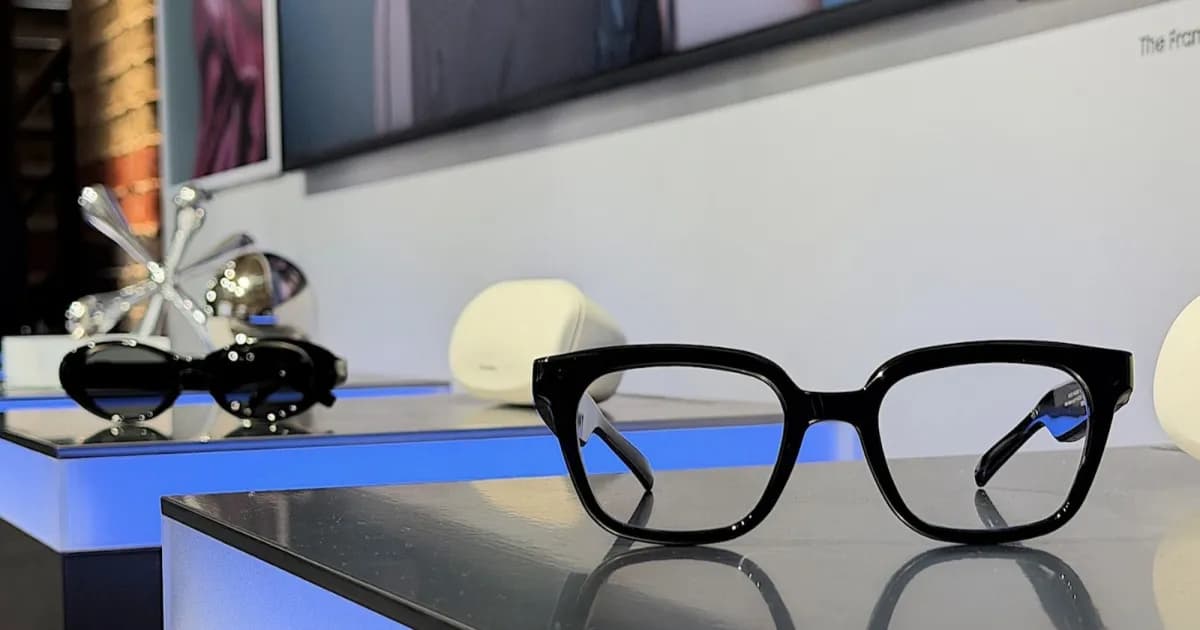 Dua pasang kacamata pintar Samsung di atas meja dengan desain modern