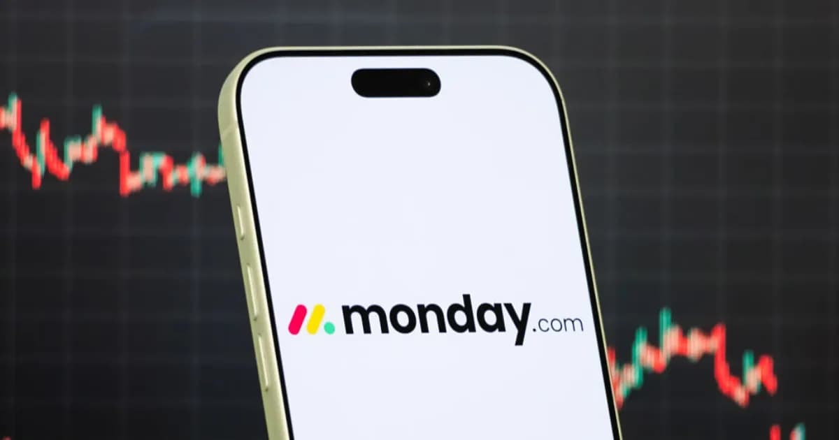 Ilustrasi logo Monday.com dengan latar belakang teknologi AI