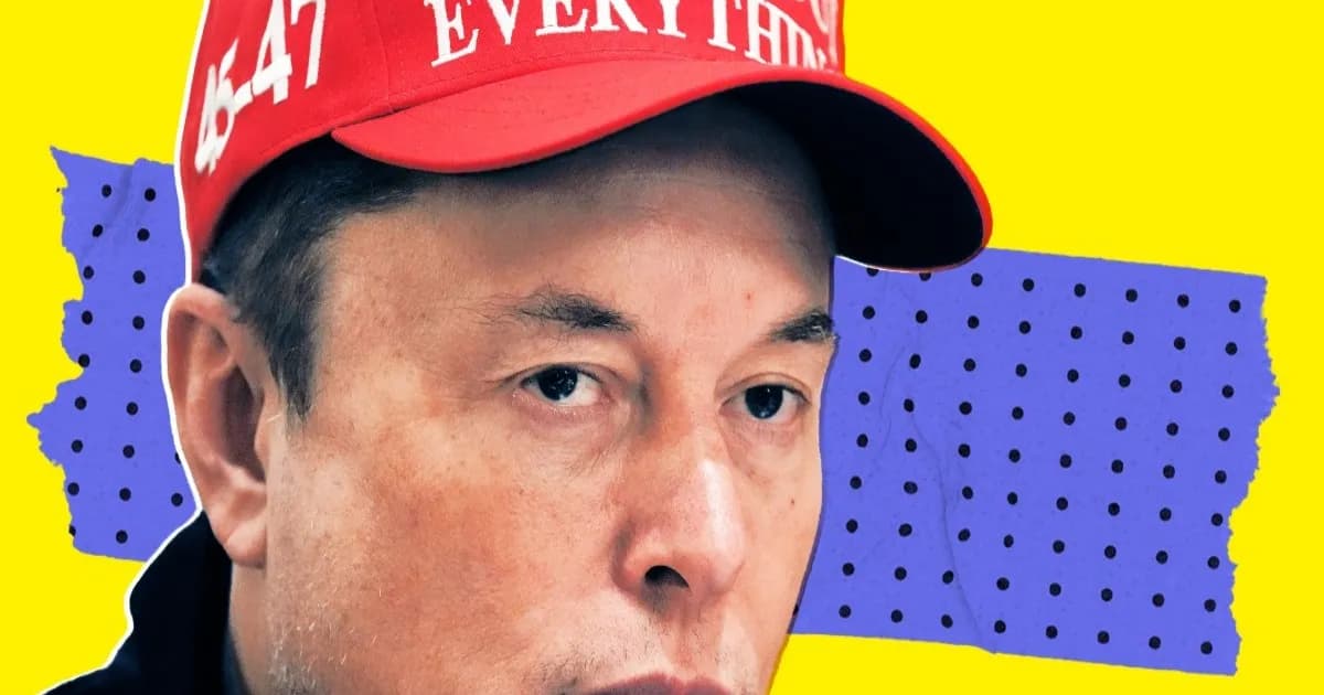 Ilustrasi foto bergaya Elon Musk dengan latar belakang grafik saham menurun tajam.
