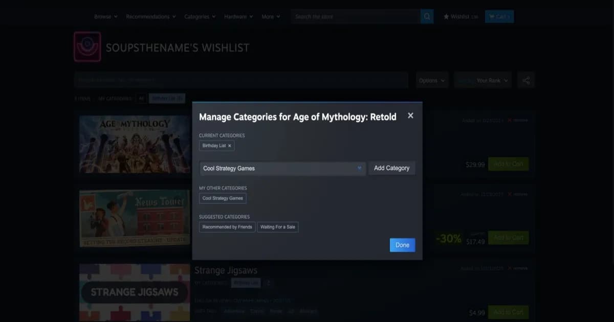 Tampilan fitur kategori baru di halaman wishlist Steam yang memudahkan pengelompokan game