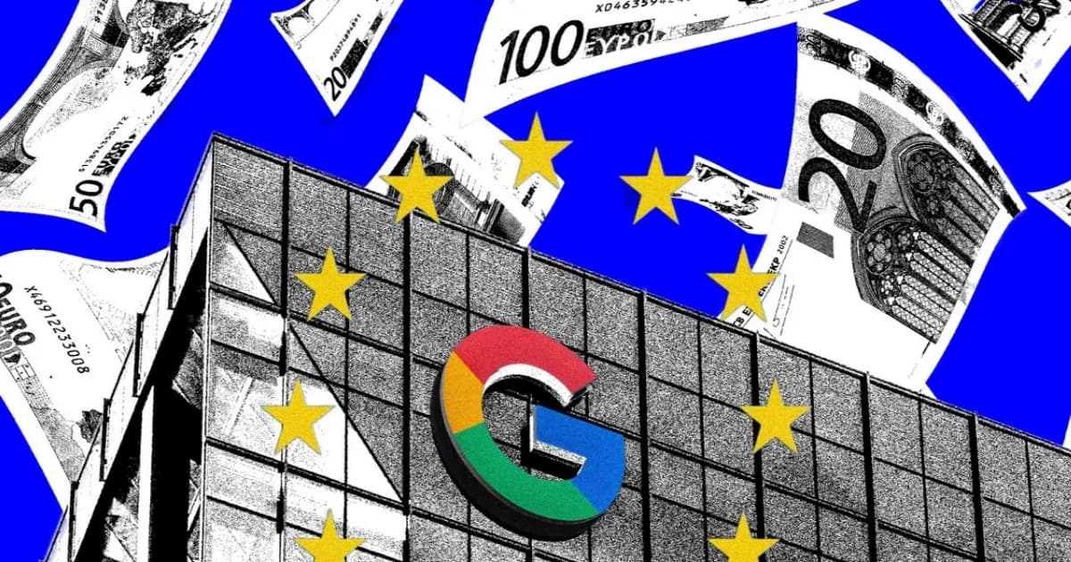 Ilustrasi logo Google dengan latar bendera Uni Eropa dan dokumen hukum