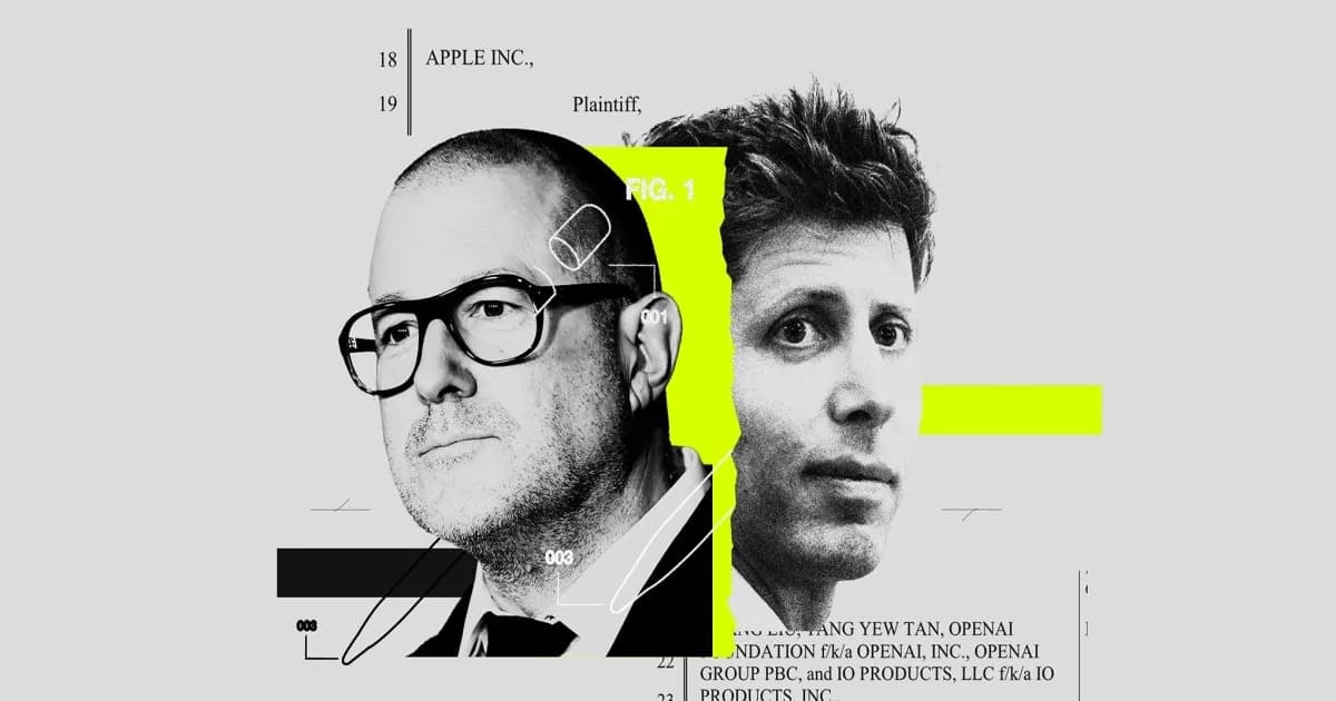 Ilustrasi logo Apple dan OpenAI bersebelahan dengan latar belakang ruang sidang