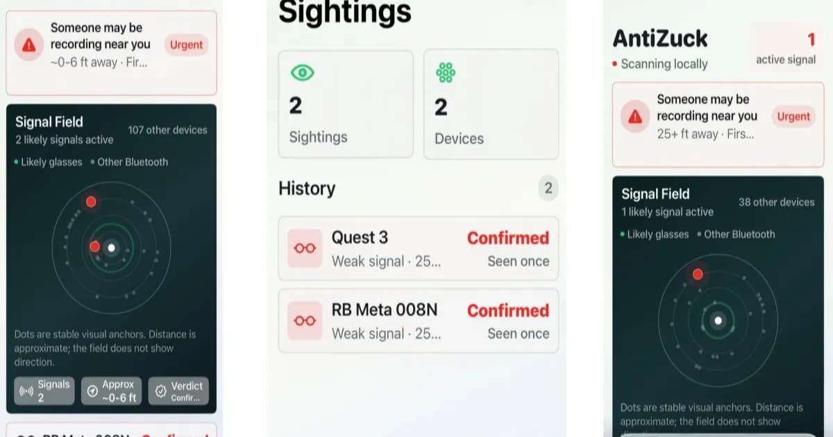 Antarmuka aplikasi Antizuck Smart Glasses Scanner di iPhone yang menampilkan notifikasi perangkat terdeteksi