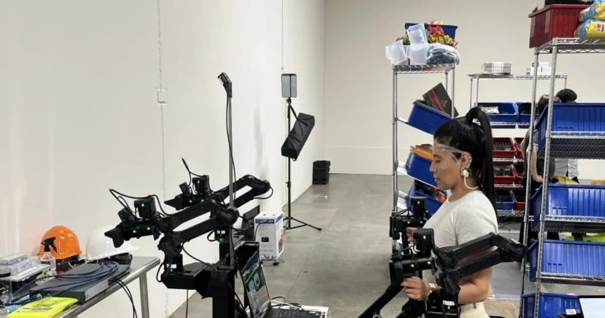 Seorang pilot Encord mengenakan headset gelombang otak sambil memainkan Jenga untuk mengumpulkan data pelatihan robot