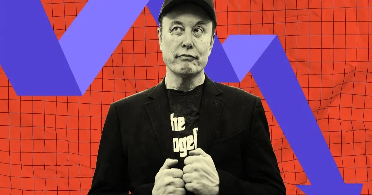 Ilustrasi penurunan saham SpaceX dengan latar belakang Elon Musk dan panah menurun