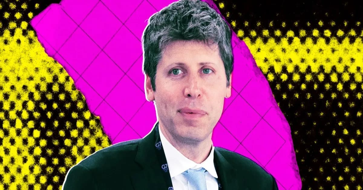 Ilustrasi warna-warni menampilkan CEO OpenAI Sam Altman dengan latar belakang abstrak