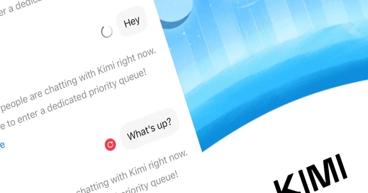 Ilustrasi aplikasi Kimi AI di iPhone dengan latar belakang merah dan pesan error server penuh