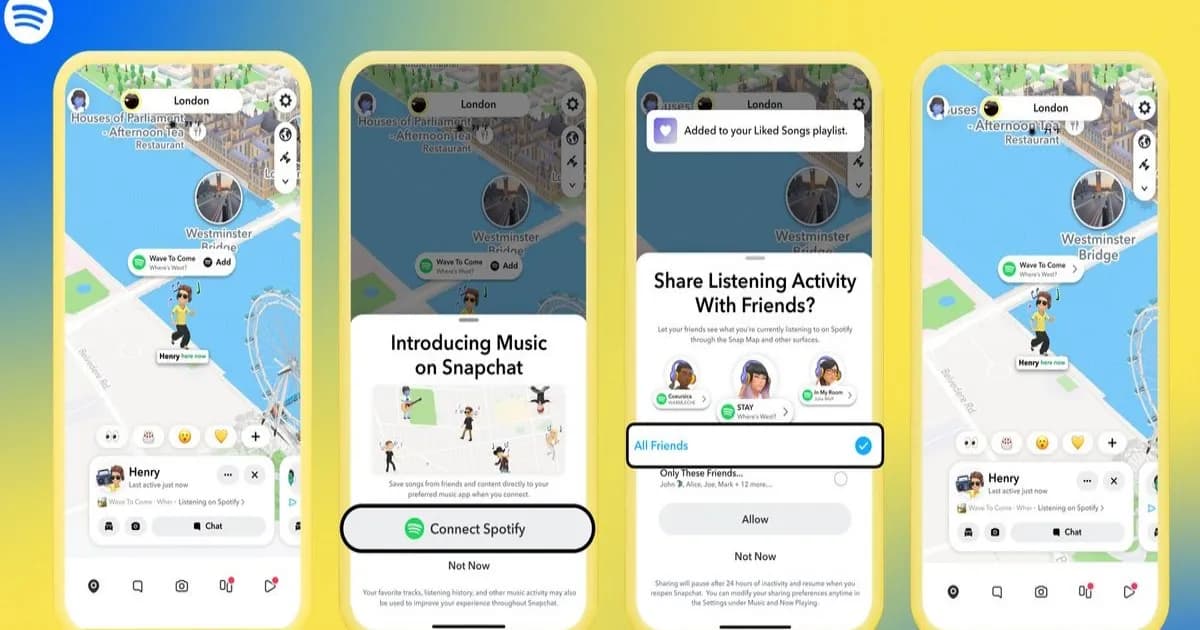 Ilustrasi fitur Now Playing di Snap Map yang terintegrasi dengan Spotify