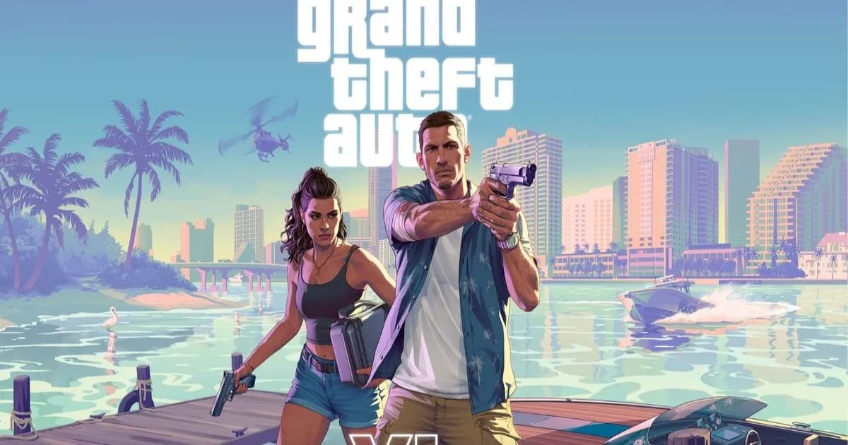 Poster Grand Theft Auto VI dengan logo game dan pemandangan kota