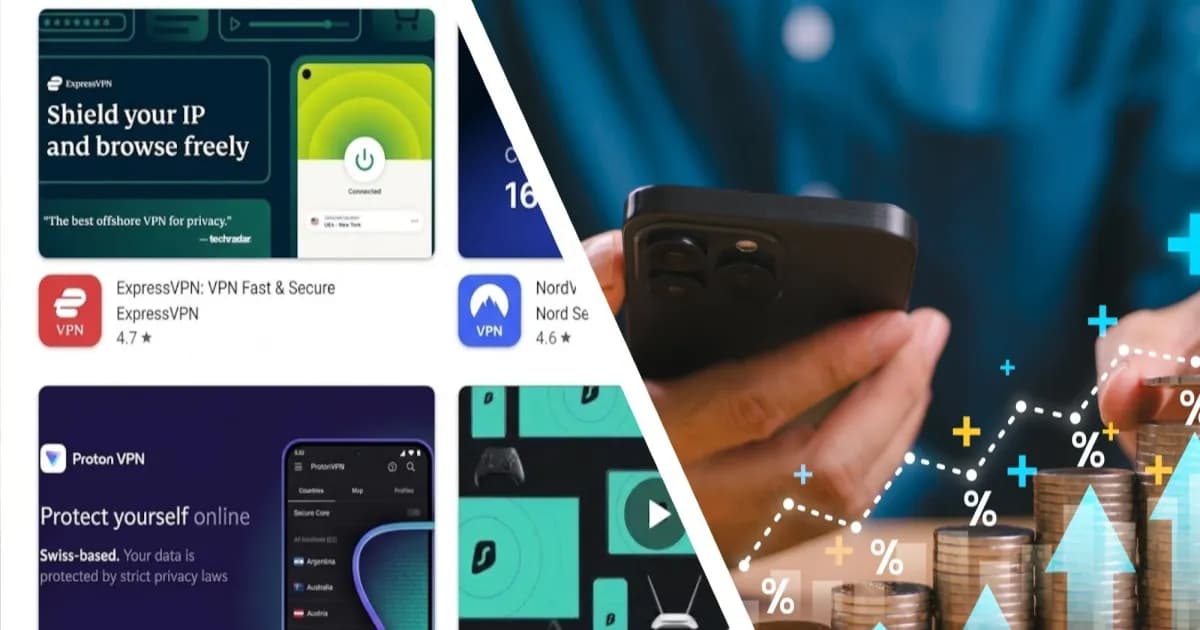 Ilustrasi tagihan VPN yang meningkat dengan latar belakang daftar aplikasi di Play Store