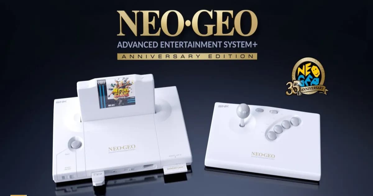 Konsol Neo Geo AES+ edisi ulang tahun ke-35 berwarna putih dengan aksesori lengkap