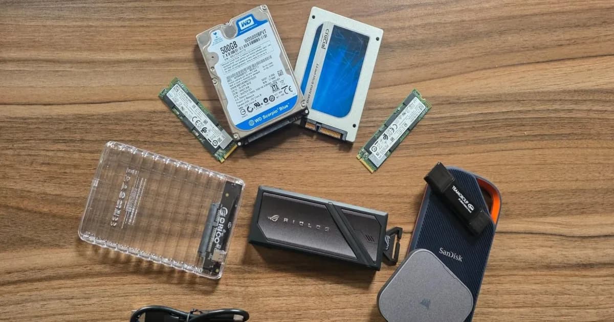 Koleksi hard drive dan SSD lama yang siap diubah menjadi penyimpanan eksternal portabel
