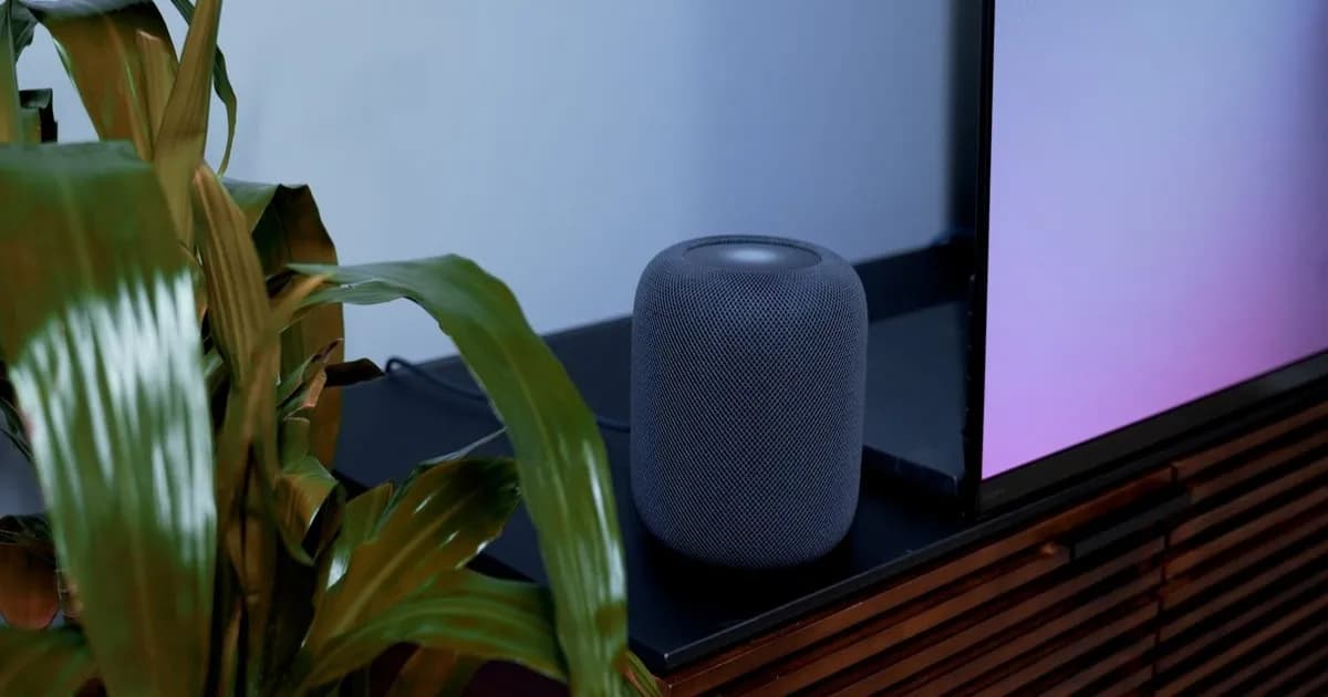 Ilustrasi smart home hub Apple dengan layar 7 inci dan antarmuka Siri AI